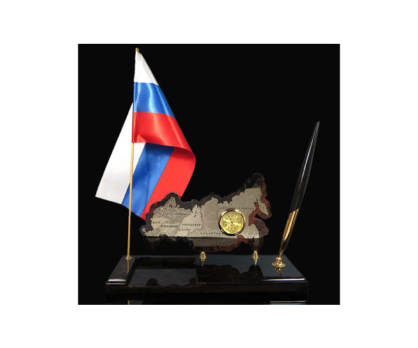 Часы карта России с флагом и ручкой из обсидиана